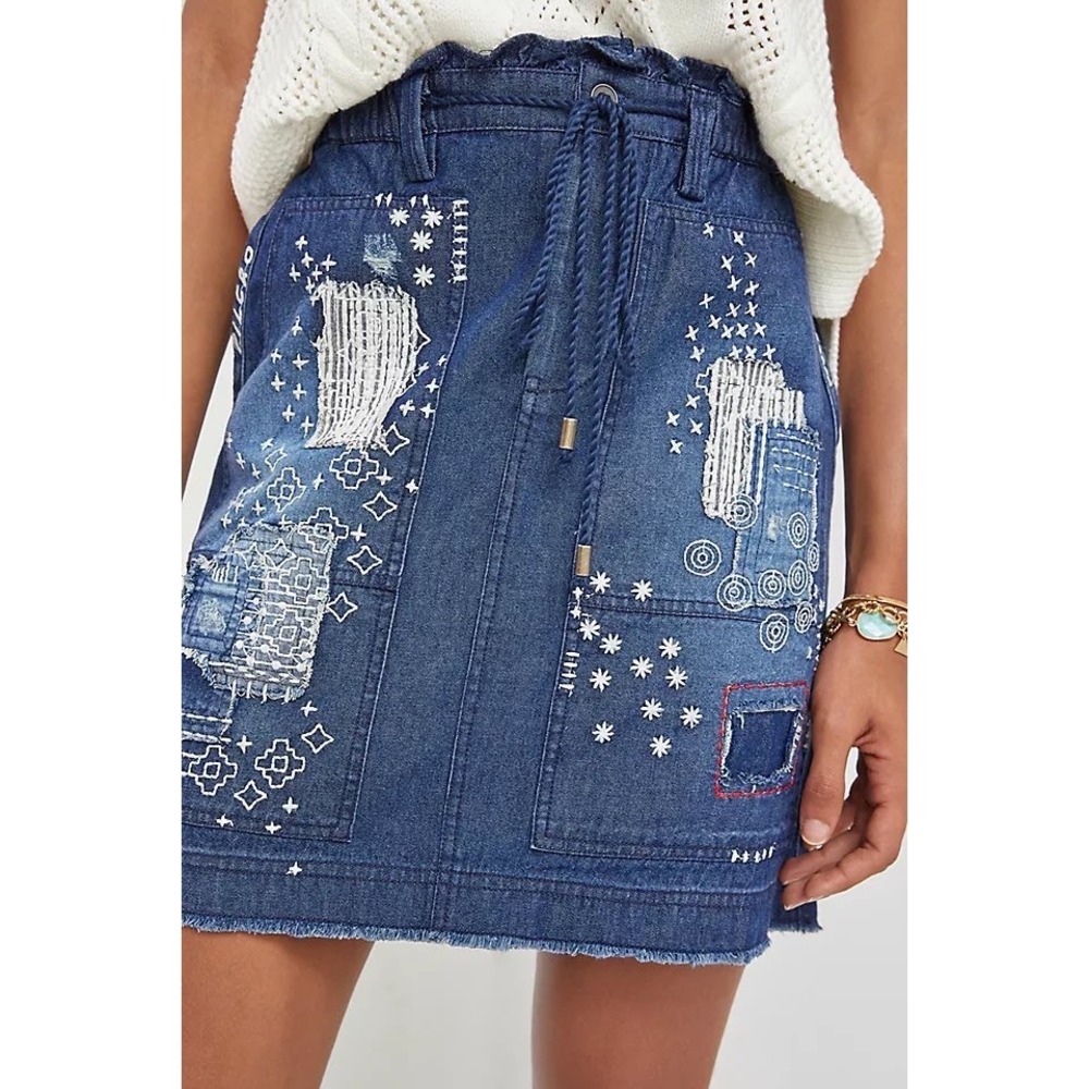 Pilcro‎ Anthropologie Denim Mini Skirt Patchwork Sashiko Embroidered Small NEW